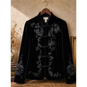 Vintage Y2K Odille Anthropologie Velvet Embroidered Frog Closure Silk Blend 10